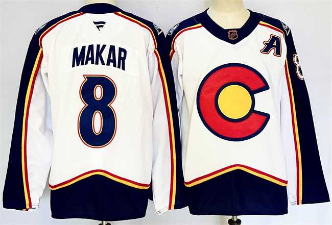 Mens Colorado Avalanche #8 Cale Makar White 2024-25 With A Patch Reverse Retro Stitched Jersey